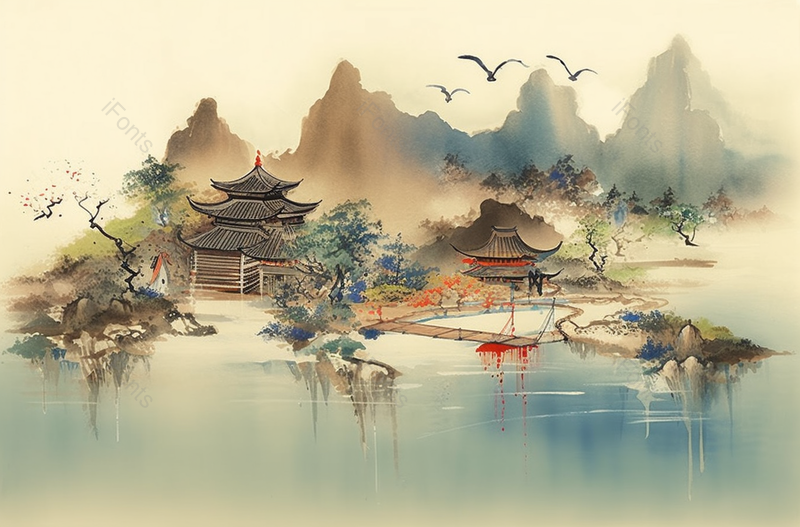 中国风亭台楼阁山水水墨画,插画/手绘图,插画/手绘图库,插画/手绘图下载,插画/手绘